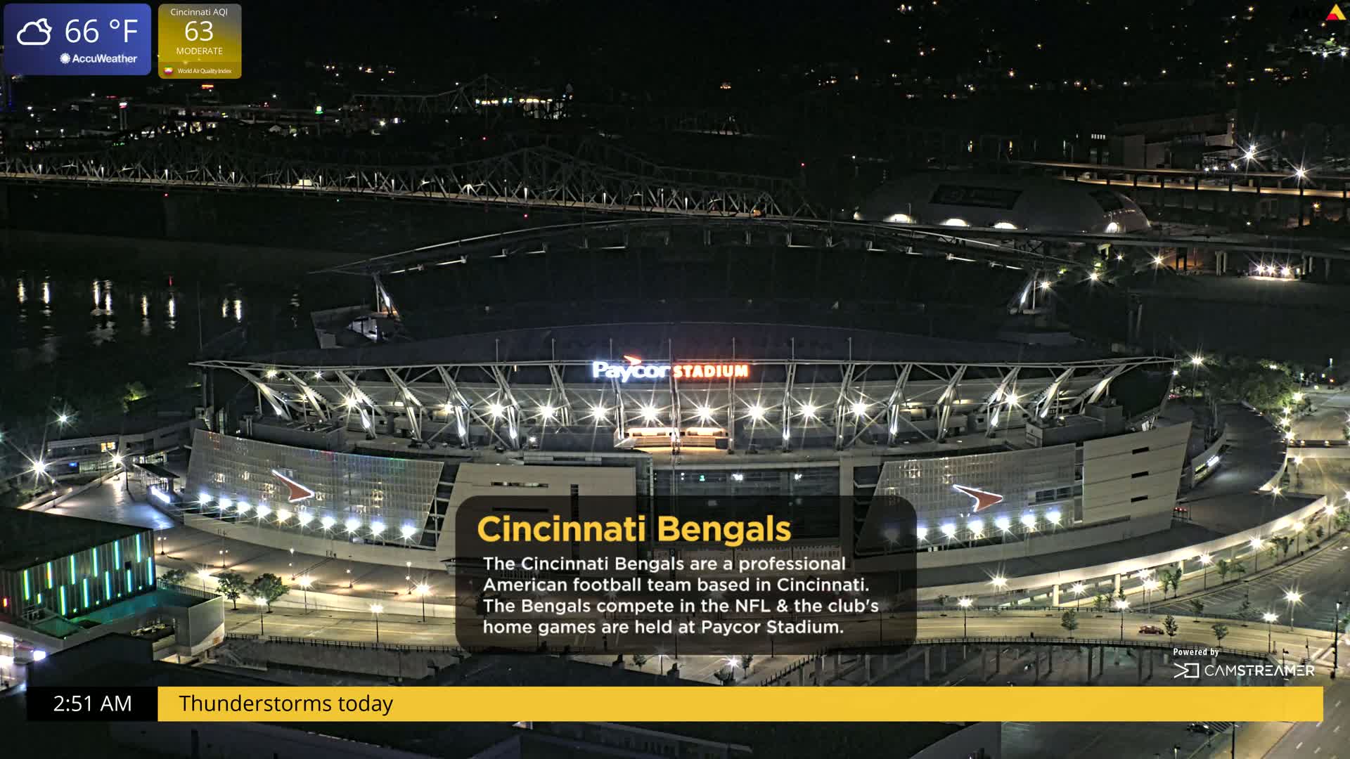 A nighttime, aerial view of Paycor Stadium, illuminated, next to a river under a thunderstorm warning.