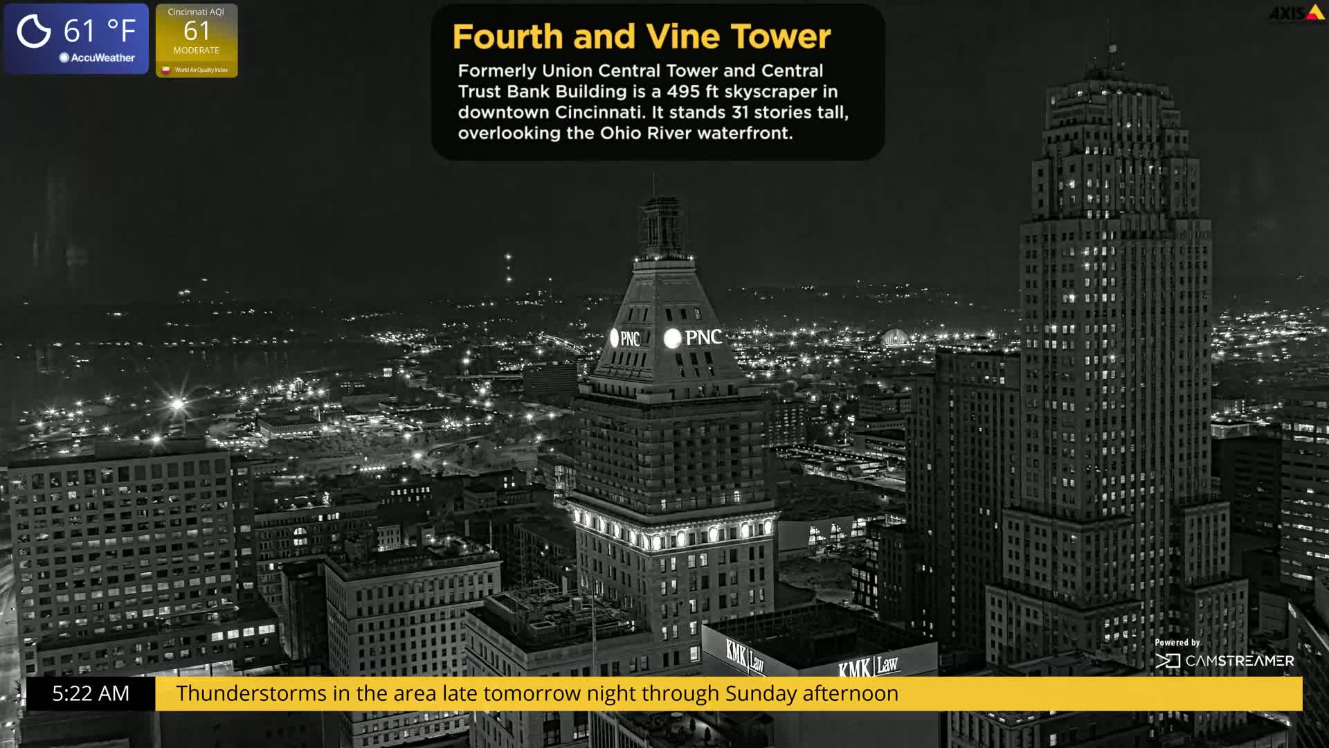 A nighttime, grayscale aerial view of a city skyline featuring a tall skyscraper, with many other buildings lit up.