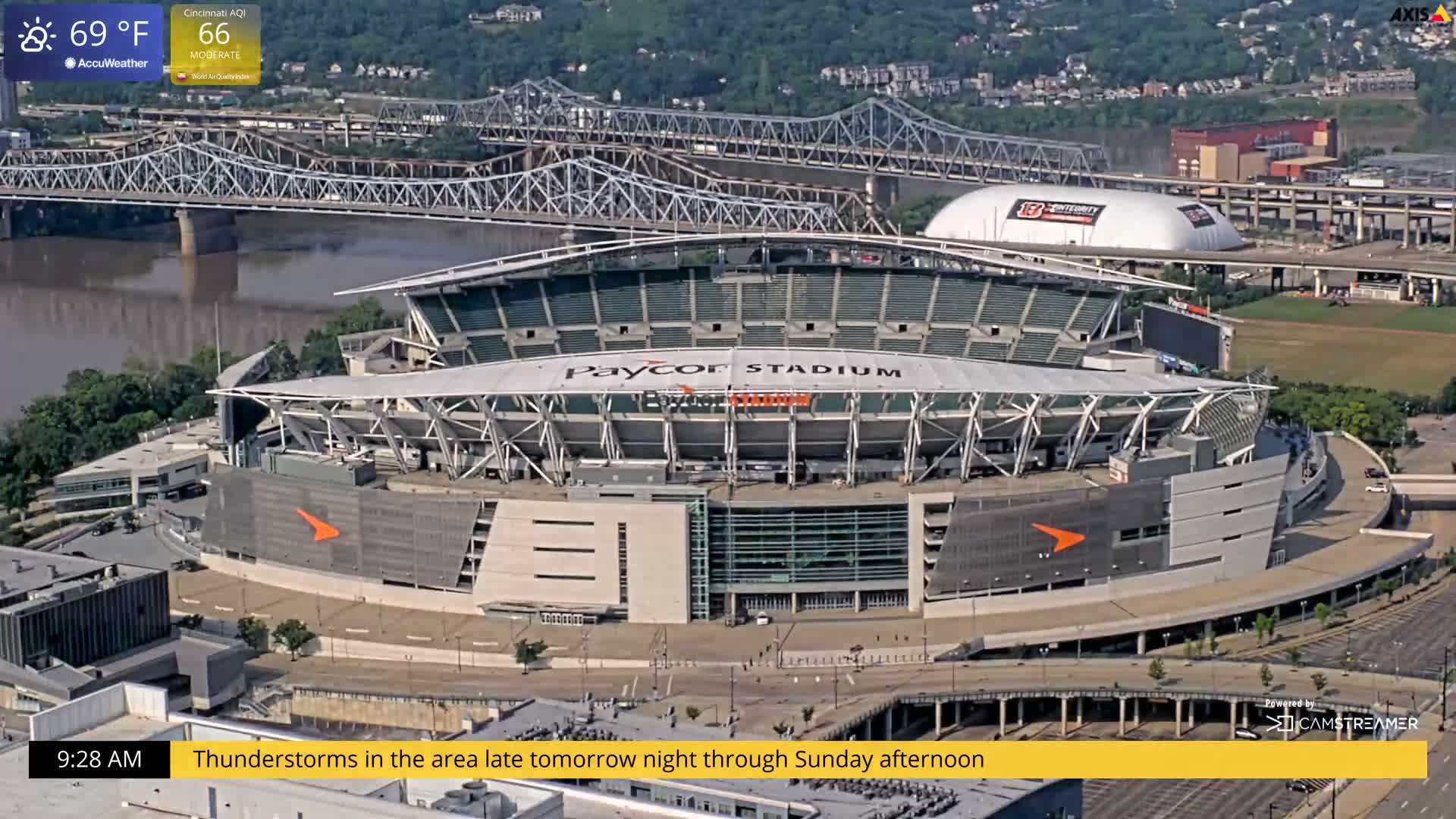 An aerial view shows Paycor Stadium on a partly sunny day, next to a river and bridge.