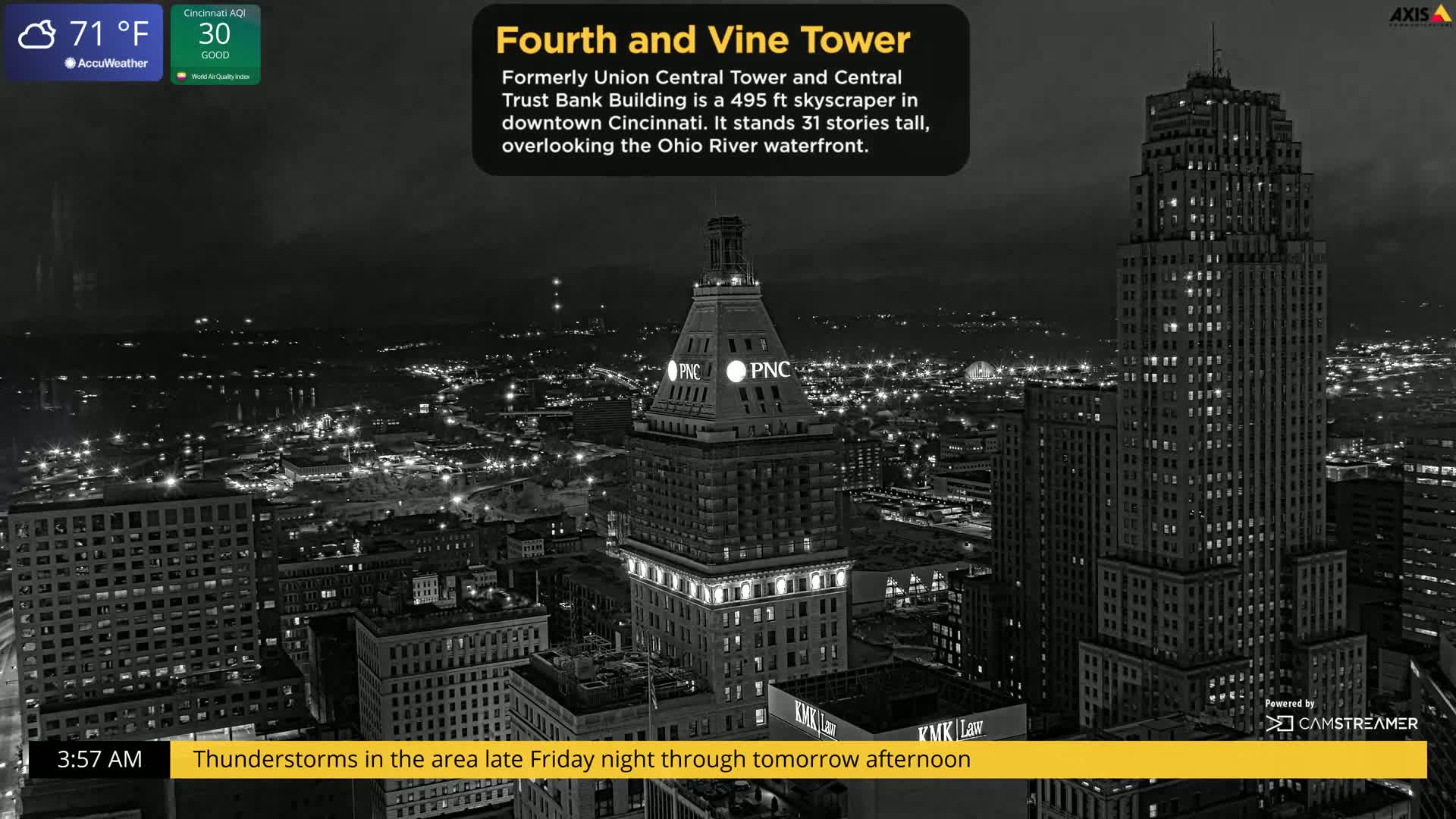 A nighttime, black and white aerial view of a city skyline showing a tall skyscraper, with thunderstorms predicted.