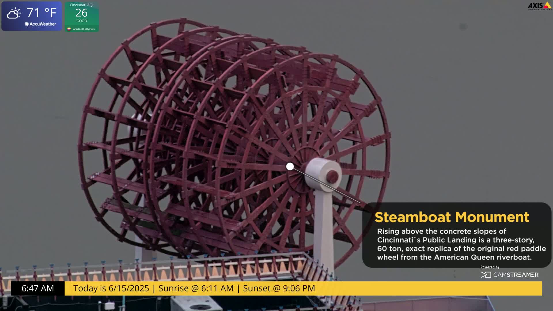 A large, reddish-brown paddle wheel rises above a concrete surface under a partly cloudy sky.