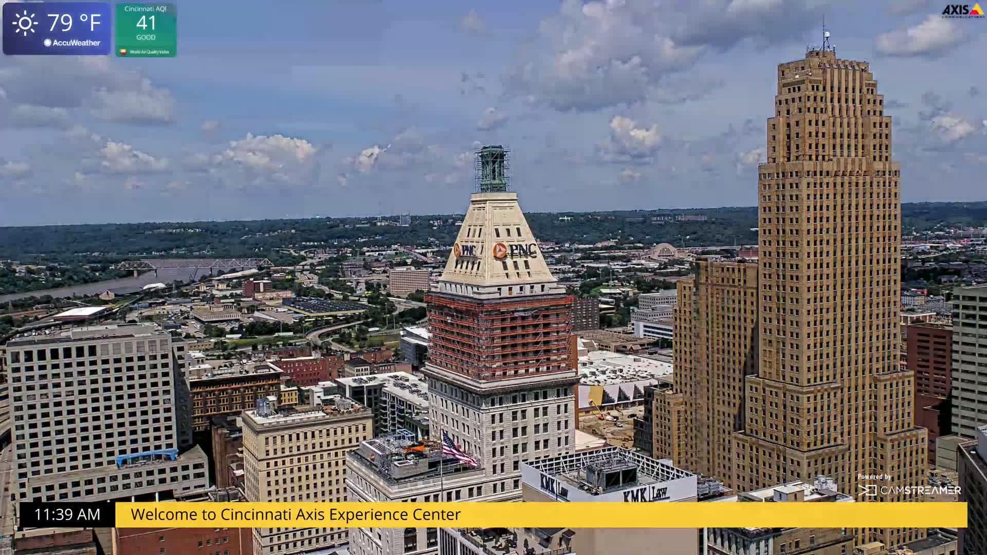 A partly cloudy, 79°F day overlooking a cityscape with tall buildings, including one under construction, and a river in the distance.