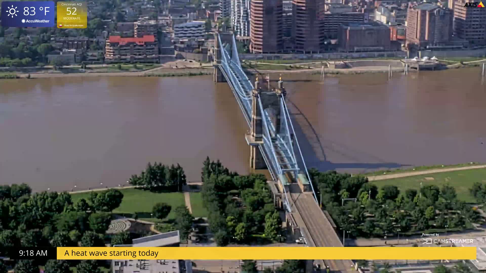 A blue suspension bridge spans a wide, brown river, with green parkland and a city skyline visible in the background on a sunny, 83°F day.