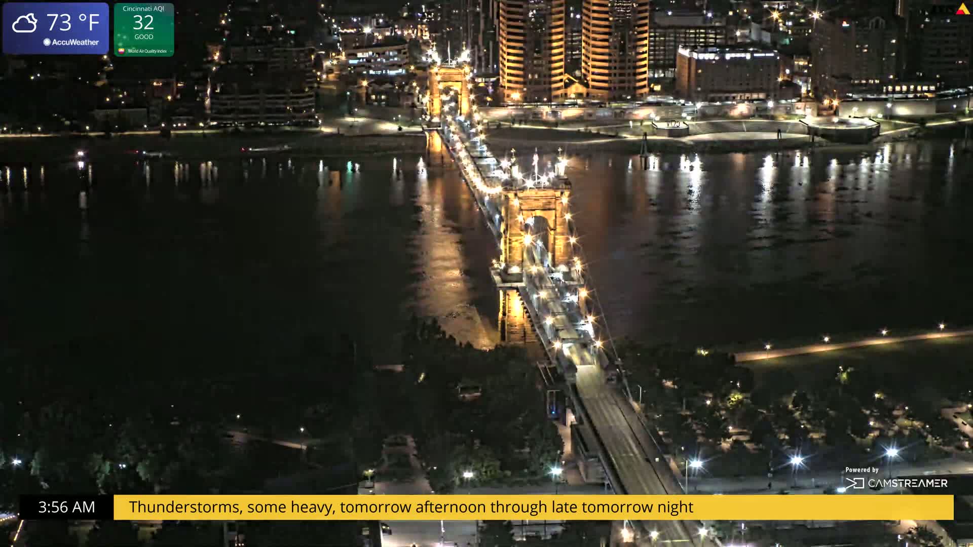 A nighttime aerial view shows a lit-up suspension bridge spanning a dark river, with city lights visible on both banks.
