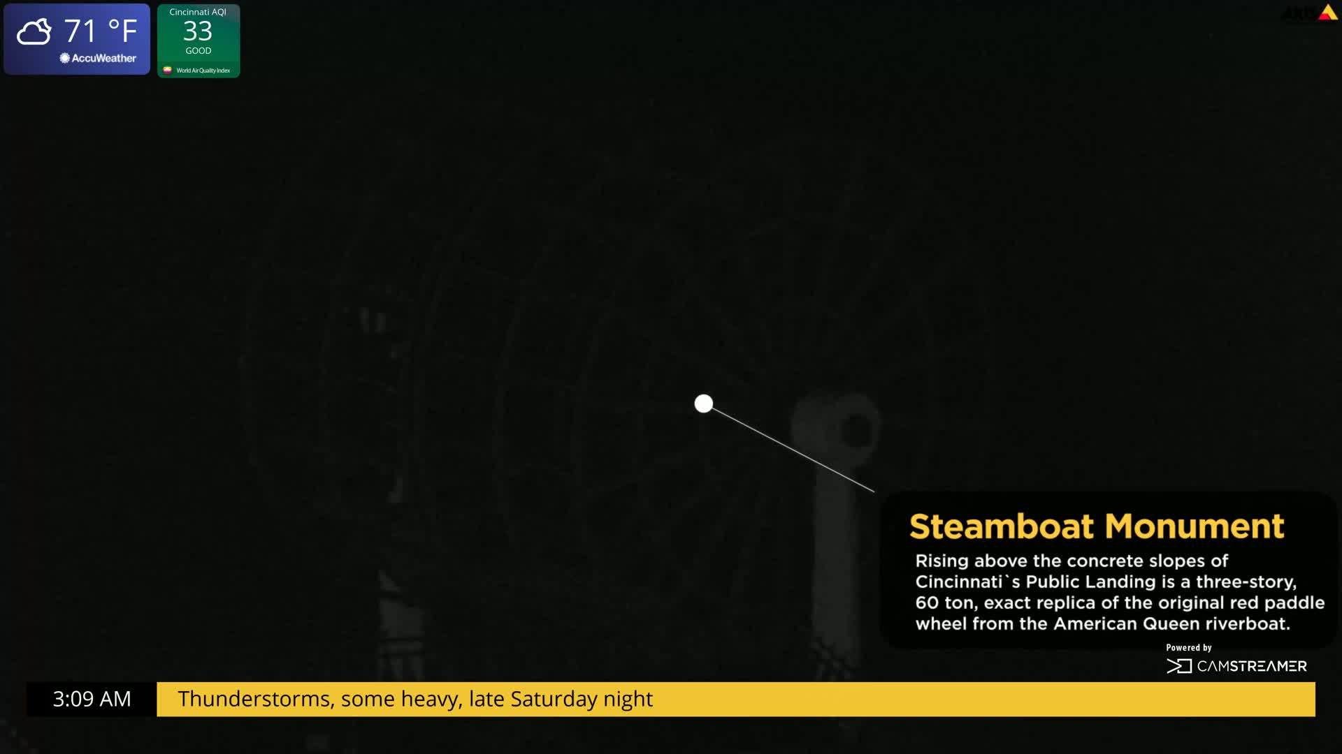 A dark, nighttime view of a steamboat monument during a thunderstorm.