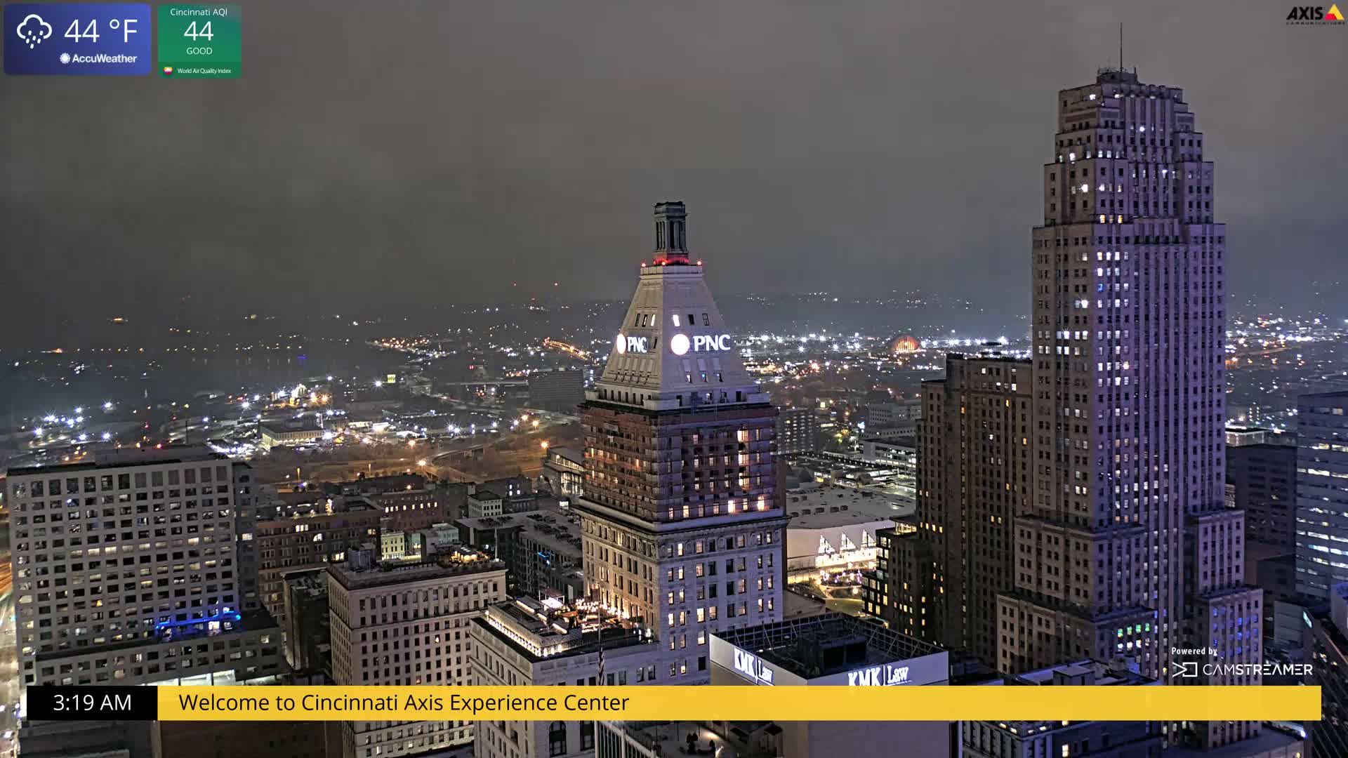 A nighttime aerial view reveals an illuminated cityscape featuring several prominent skyscrapers and numerous distant city lights under an overcast sky with light rain at 44°F.