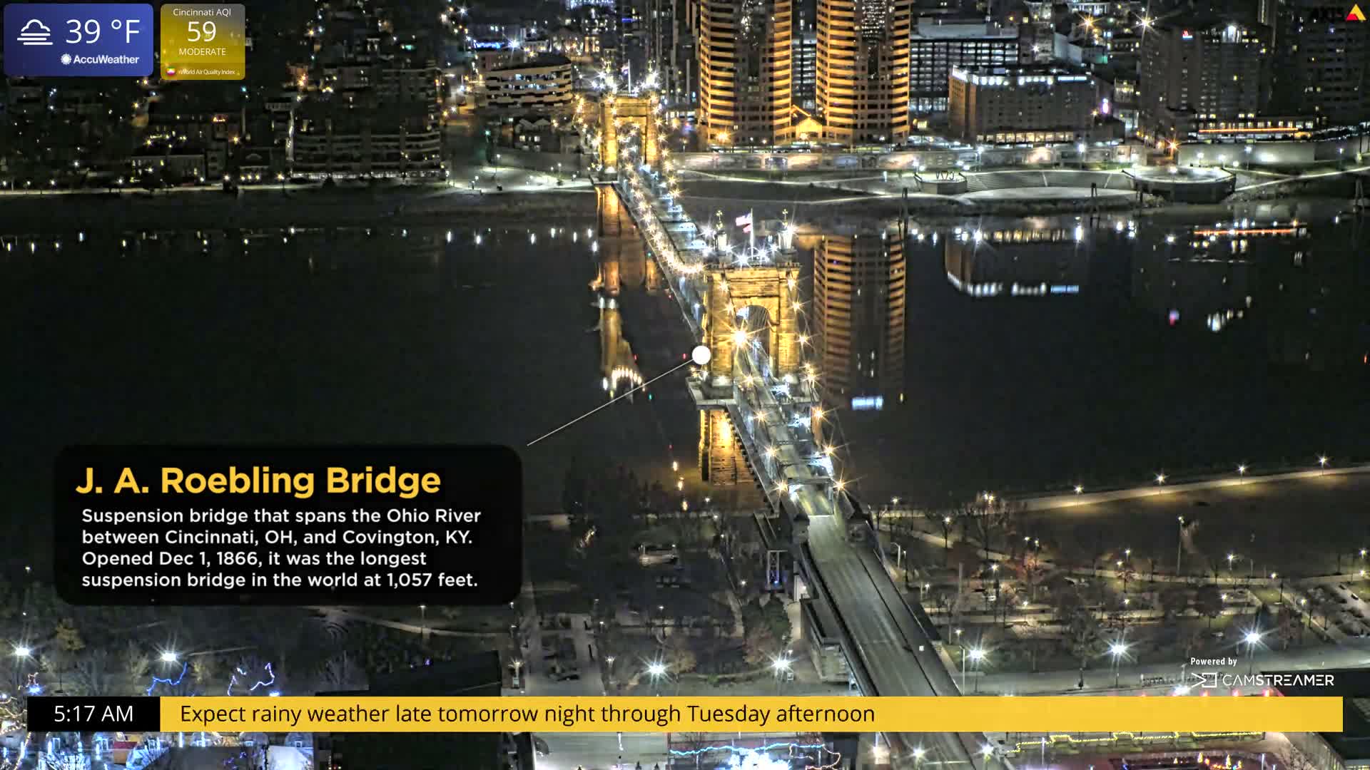 An illuminated suspension bridge spans a calm river, connecting two vibrant city skylines at night under clear conditions.