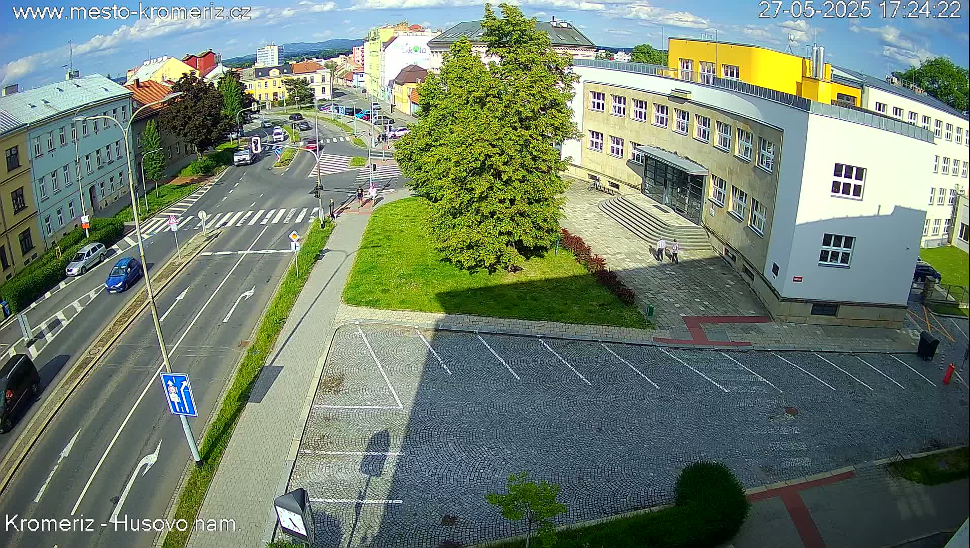 A sunny overhead view of a street intersection with cars, pedestrians, and a large building with a parking lot in front.