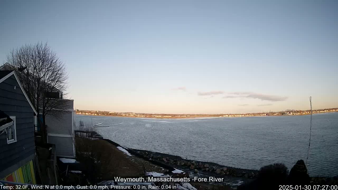 A calm, partly cloudy day reveals a wide river, a shoreline with a few buildings, and a barren winter landscape.