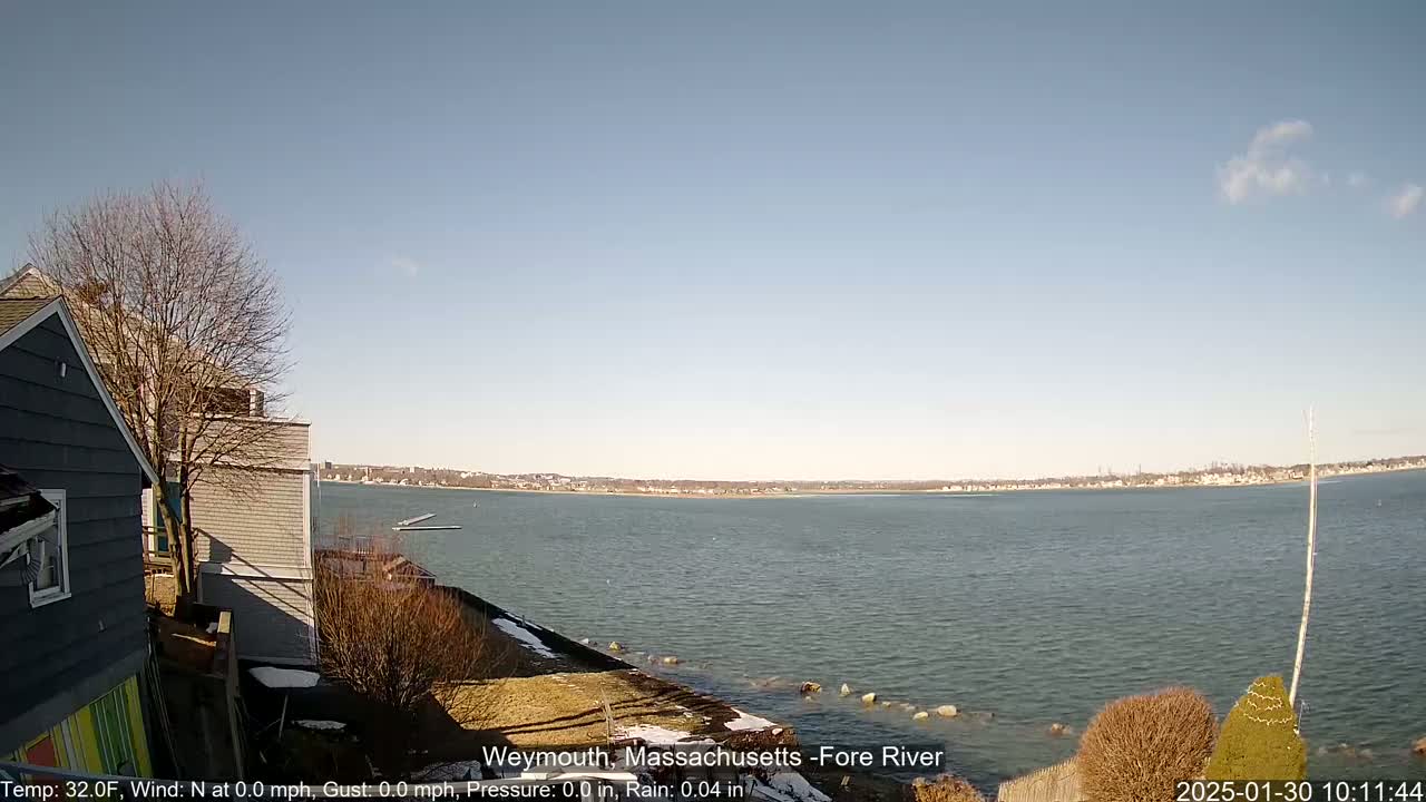 A calm, sunny day overlooks a wide body of water from a waterfront property with a few houses and sparse, leafless trees.