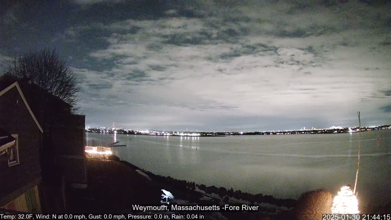 A nighttime view from a waterfront property shows a calm river reflecting city lights under a cloudy sky.