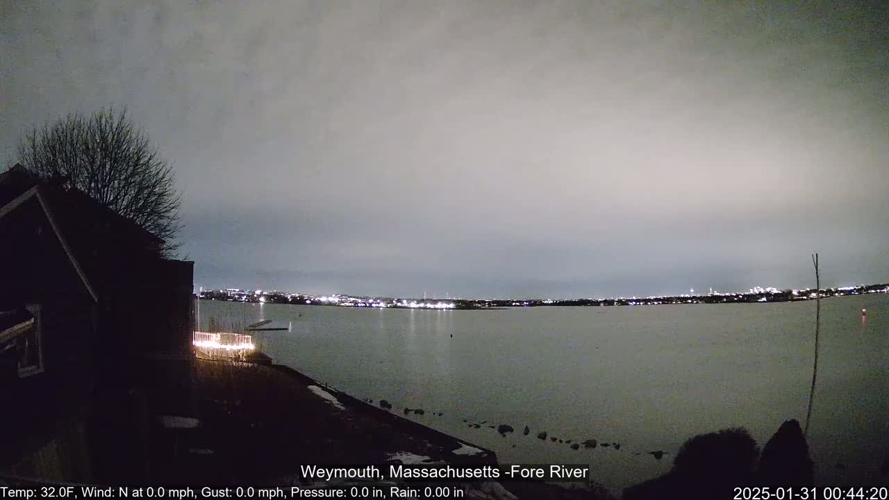 A nighttime view of a calm body of water shows a distant city skyline illuminated, with a dark house and bare tree in the foreground under a cloudy sky.