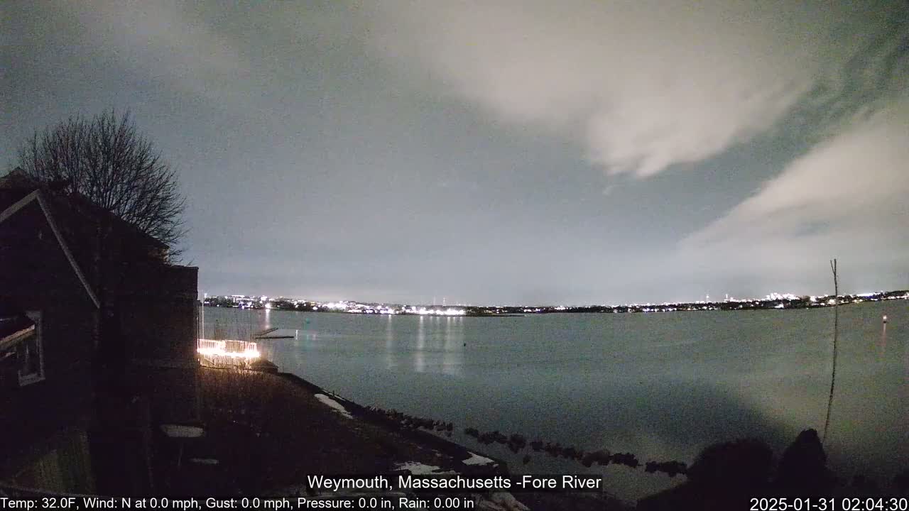 A nighttime view of a calm river with a city skyline in the distance under a cloudy, gray sky.