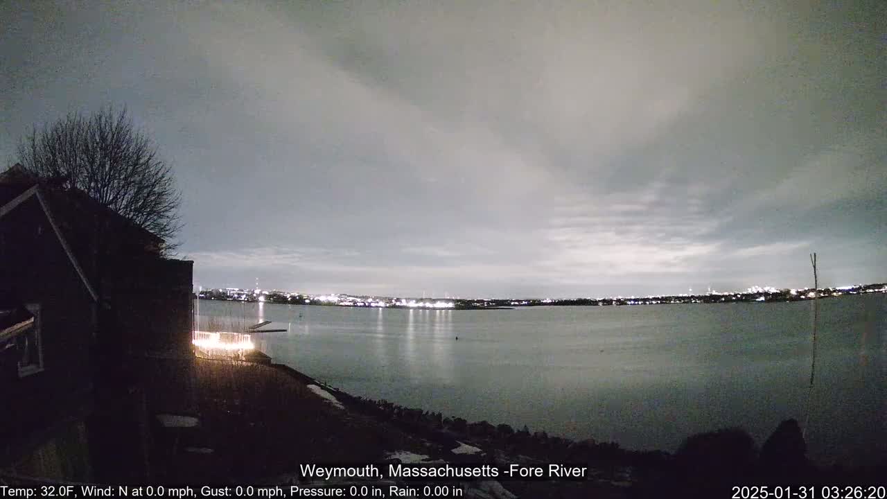 A nighttime view of a calm river, under a cloudy sky, shows a dark house and faintly lit city across the water.