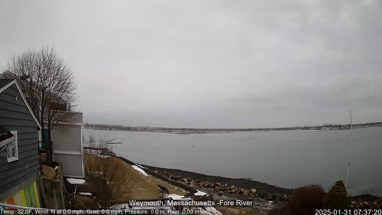 A gray, overcast day shows a calm, gray body of water with a rocky shoreline and houses visible on the left, with patches of snow and bare winter trees present.