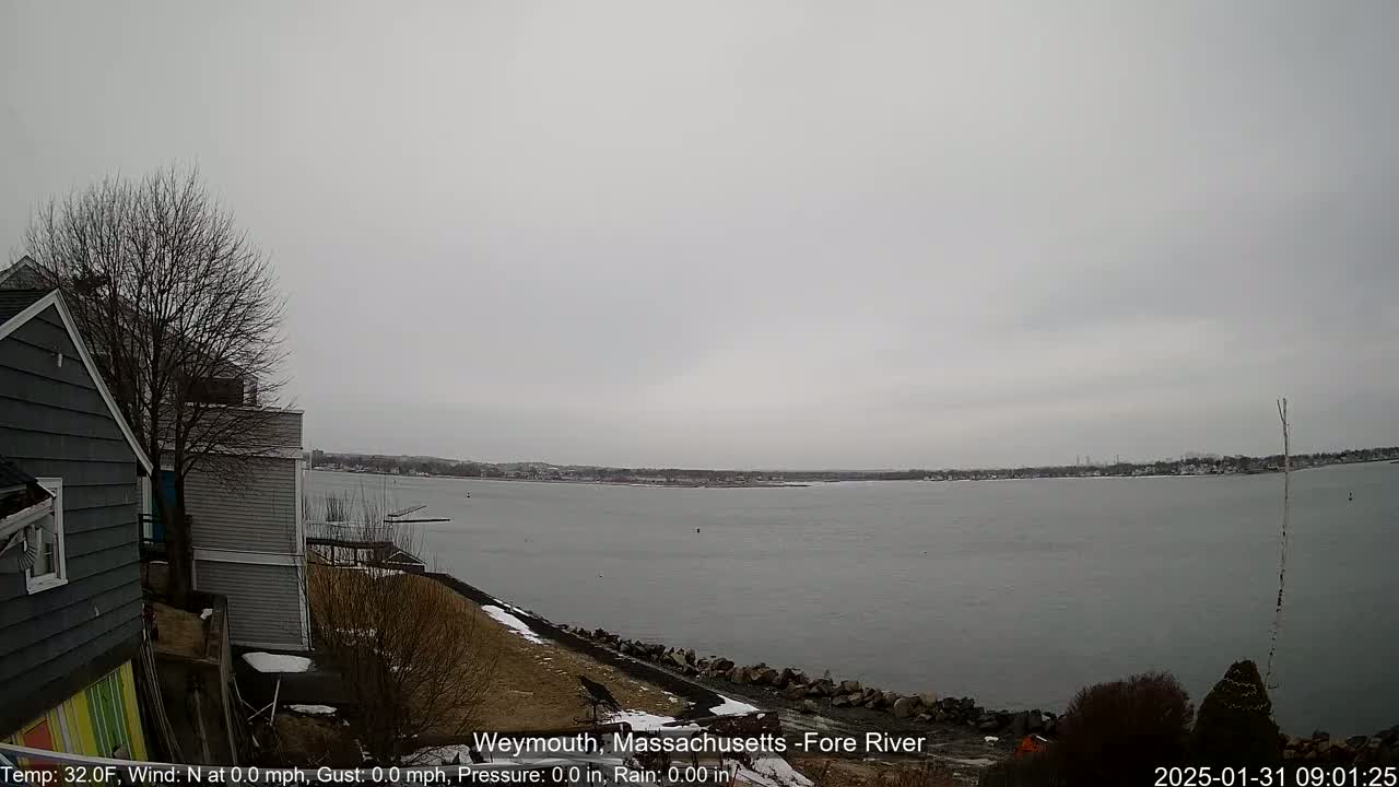 A calm, gray day shows a wide river with a distant shoreline, viewed from a snow-dusted waterfront with houses and bare trees.