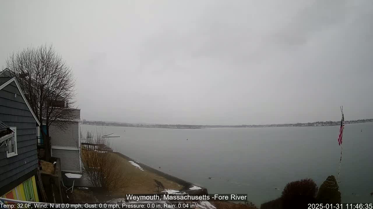 A gray, overcast day shows a view of a calm body of water with a shoreline featuring houses and a partially visible American flag.