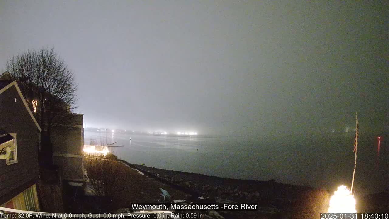A nighttime view of a foggy river with lights on the opposite shore, seen from a residential area with a lit-up house and bare trees in the foreground.