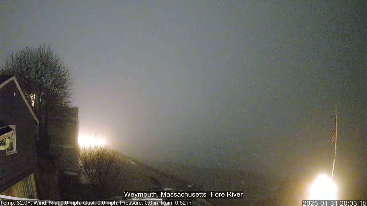 A nighttime scene of a foggy, slightly rainy area with houses and a flagpole visible in the distance.