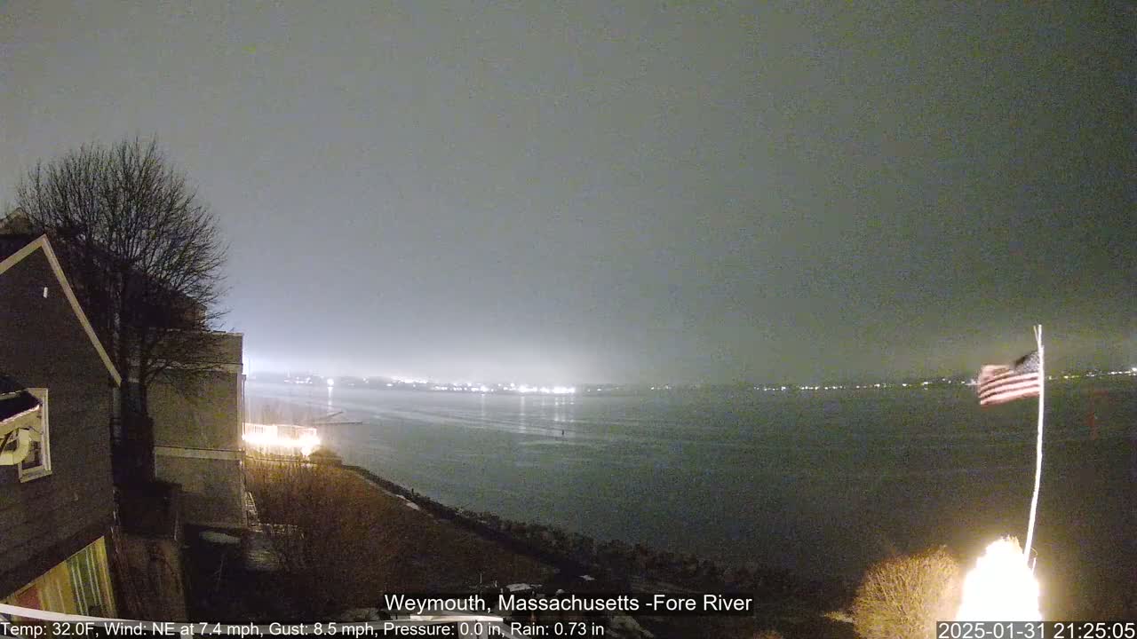 A nighttime view of a river with a city skyline on the opposite shore under a dark, overcast sky.