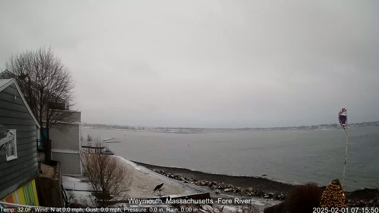 A gray, overcast day shows a view of a body of water with a rocky shoreline, a few houses, and a bird perched on a post, with a small amount of snow on the ground.