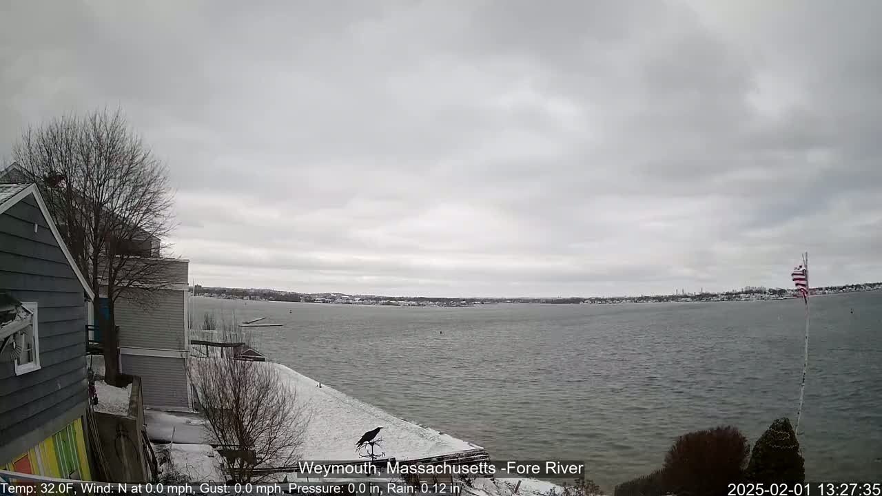A gray, overcast day shows a snow-dusted waterfront scene with a dark bird perched on a structure near a gray house, overlooking a calm body of water and a distant shoreline.