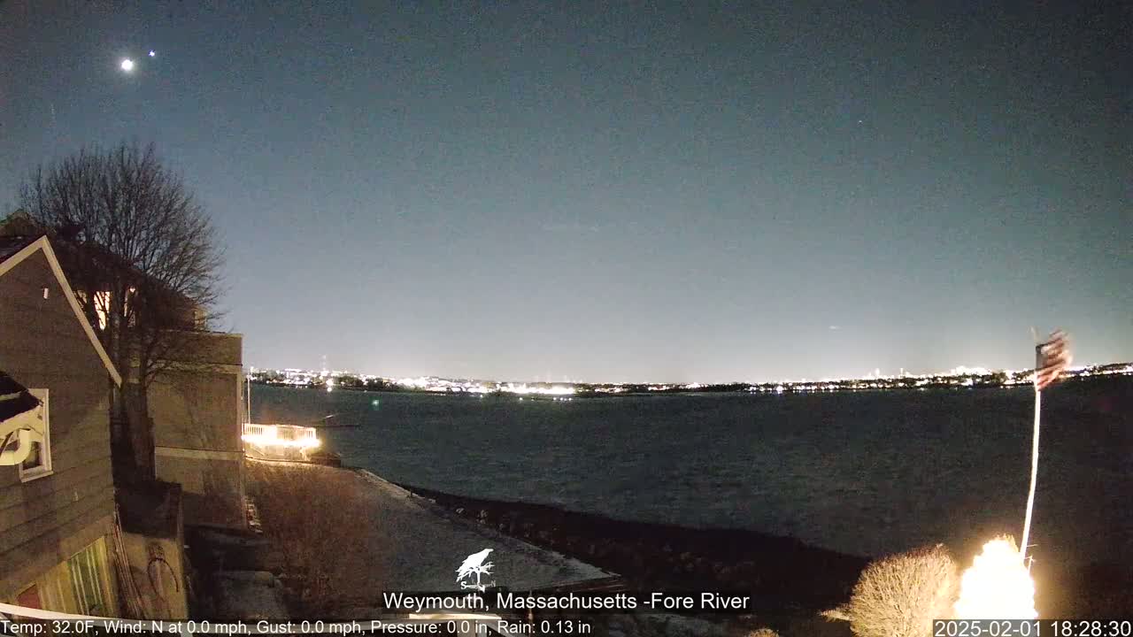 A nighttime view of a calm body of water with city lights across the water, a house and tree to the left, and a flagpole with a small fire at its base to the right, under a clear, dark sky with two visible celestial bodies.