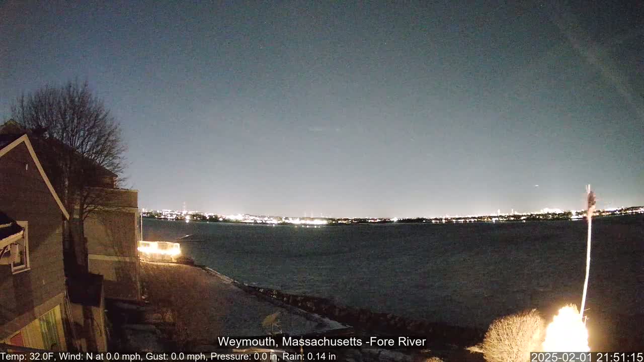A nighttime view of a calm body of water with city lights on the opposite shore, partially obscured by a bare tree and the side of a building, under a dark, clear sky.