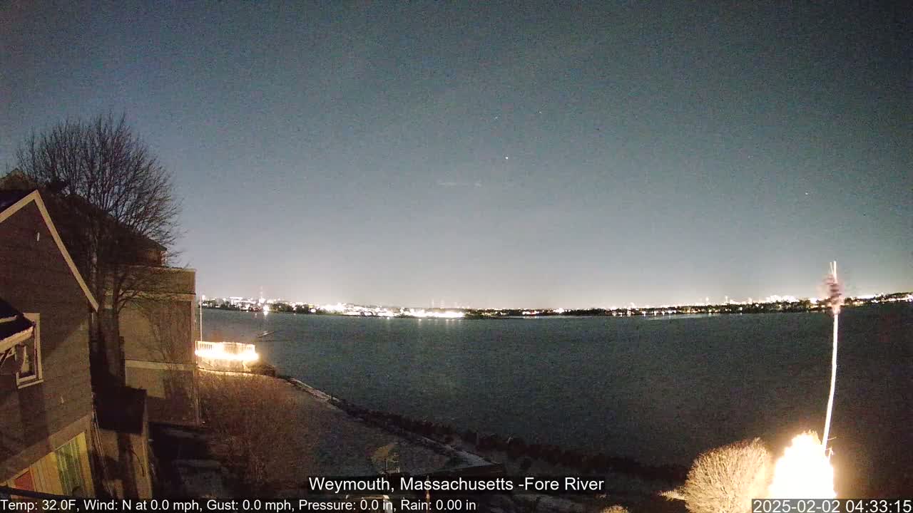 A nighttime view of a calm body of water with city lights on the opposite shore, under a clear, dark sky, with a house and a bare tree in the foreground.