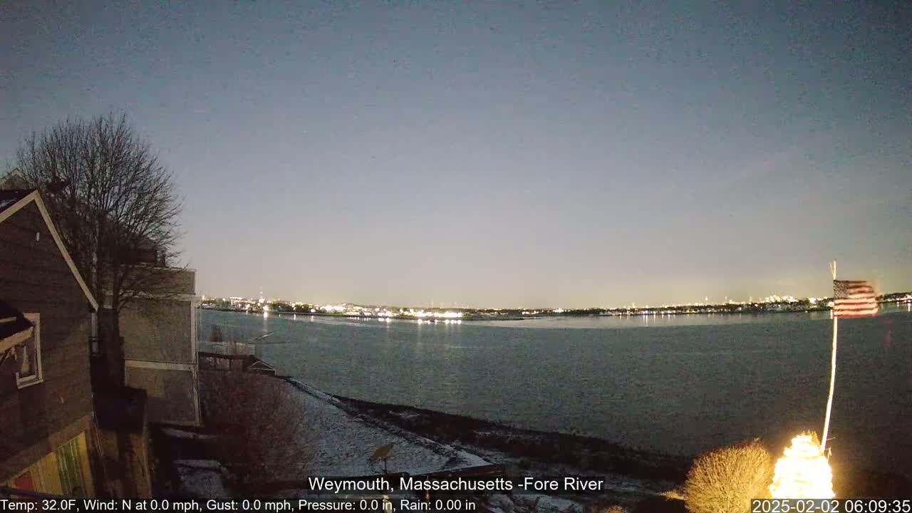A nighttime view of a calm river with a cityscape on the horizon, a bare tree, and a house, under a clear, twilight sky.