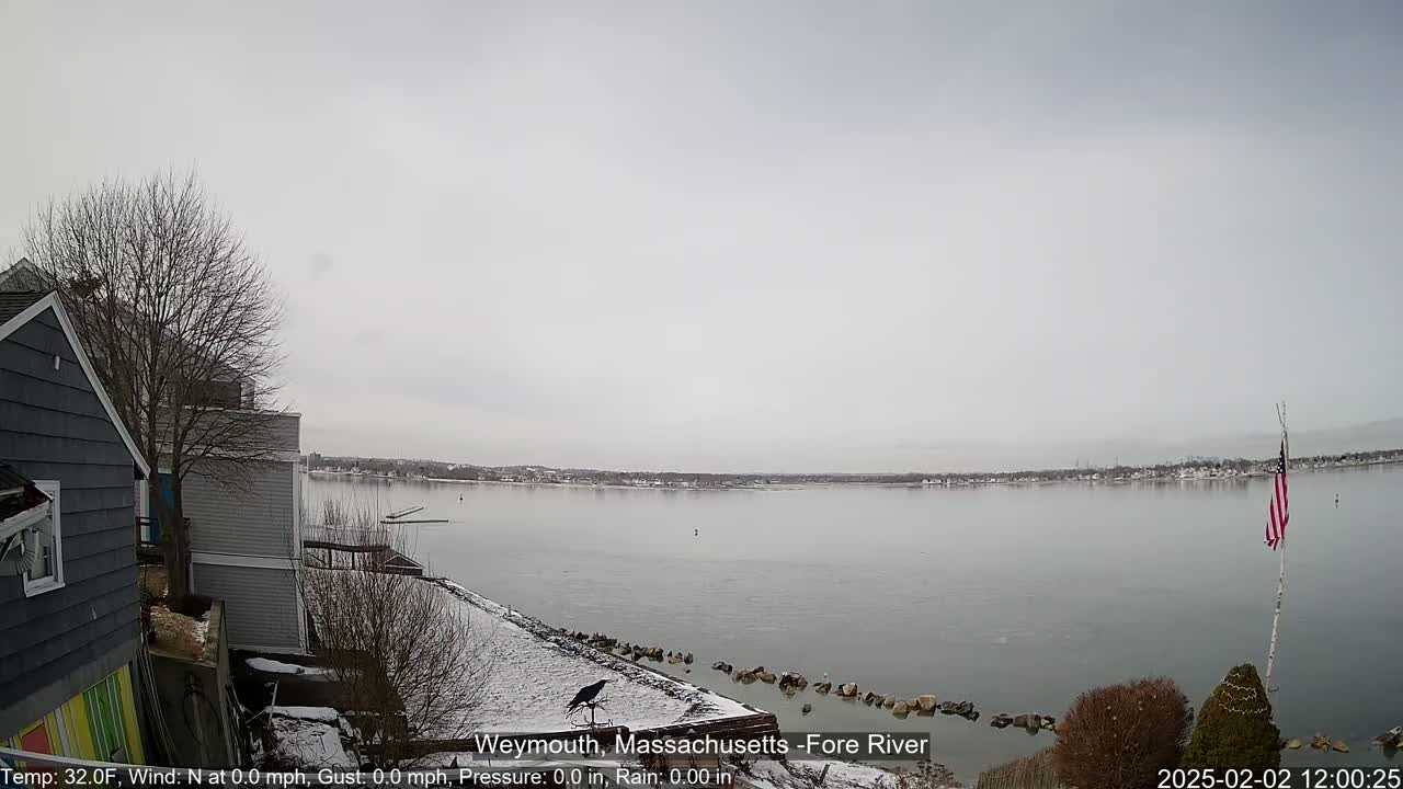 A partly frozen river is seen from a snow-covered shoreline with houses and a bird perched on a wall, under a cloudy sky.