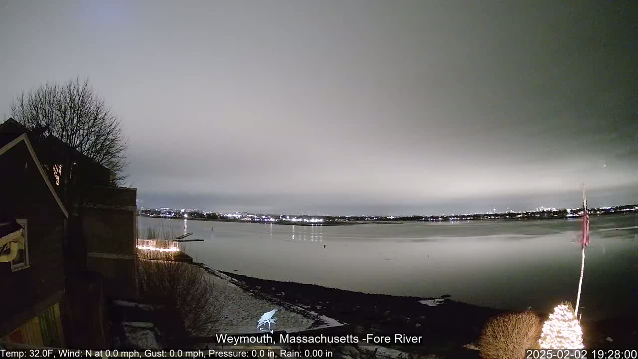 A nighttime view of a calm river with a city skyline in the distance, under a gray sky, from a vantage point near a house with a lit-up Christmas tree.