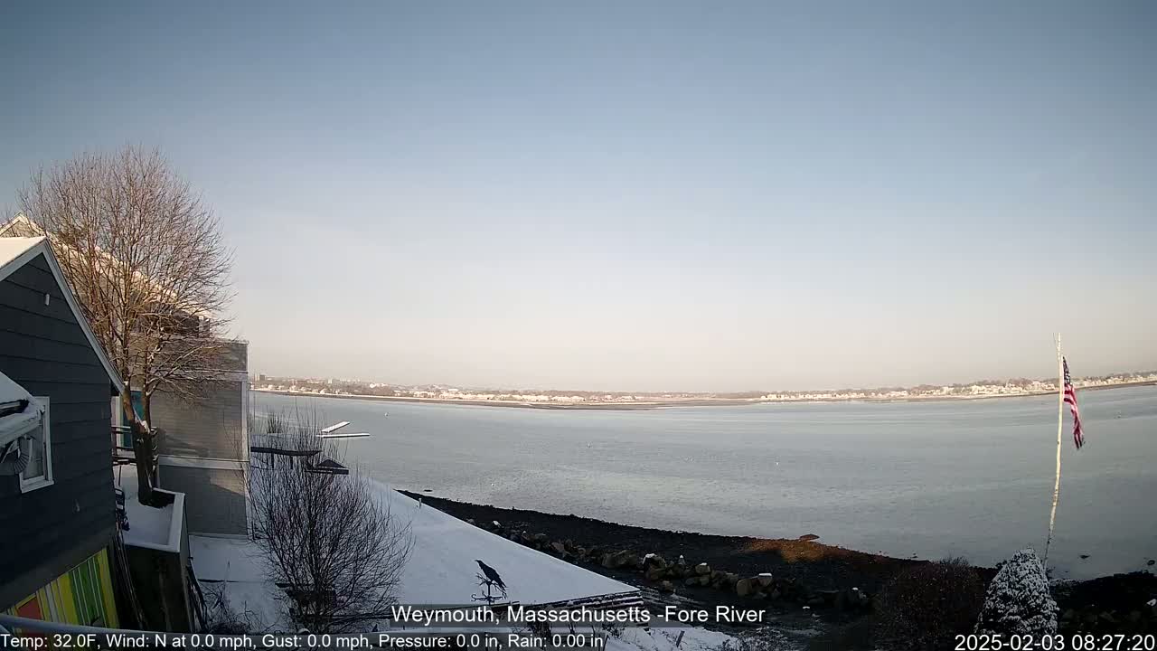 A snow-covered waterfront scene shows a calm river with a distant town under a clear, light-blue sky.