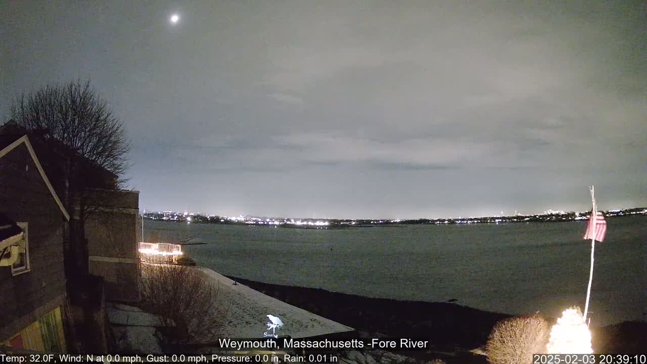 A nighttime view of a calm body of water under a mostly cloudy sky, with a partially visible moon, and a house and a flagpole with an American flag in the foreground.