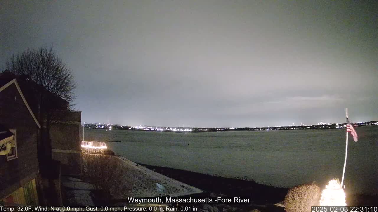 A nighttime view of a calm body of water with a cityscape on the horizon under an overcast sky, partially obscured by a snow-covered shoreline and a house with lights.