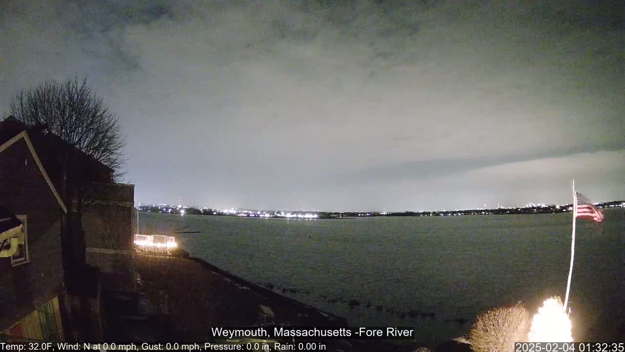 A nighttime view of a calm body of water under a cloudy sky, with a house and an American flag visible in the foreground.