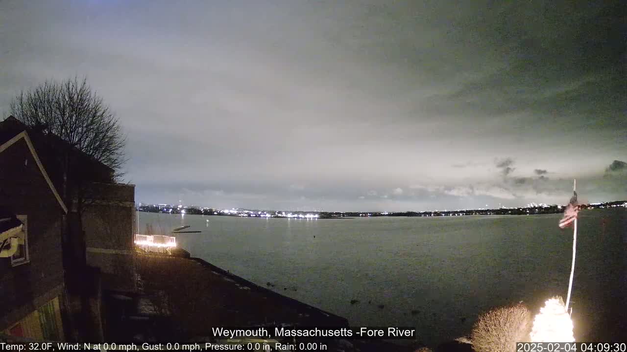 A nighttime view of a calm body of water, with a city skyline faintly visible in the distance under an overcast sky.