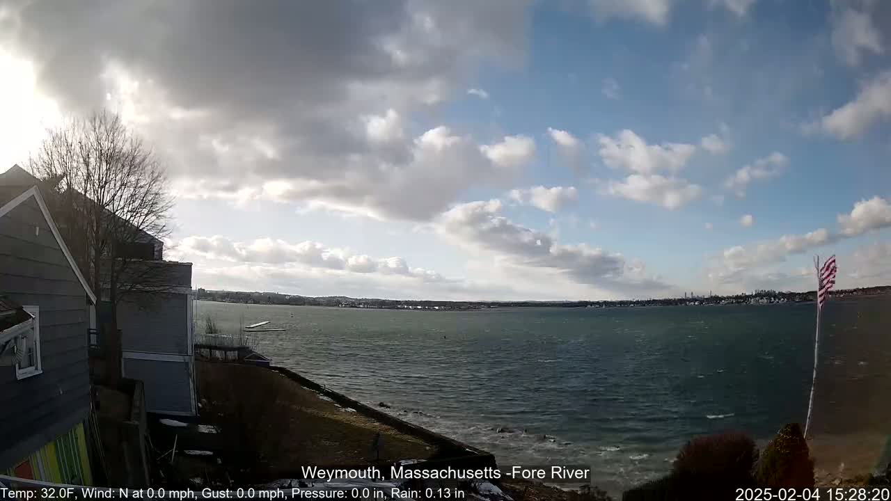 A partly cloudy day shows a view of a body of water from a coastal residential area with a small American flag waving in the wind.