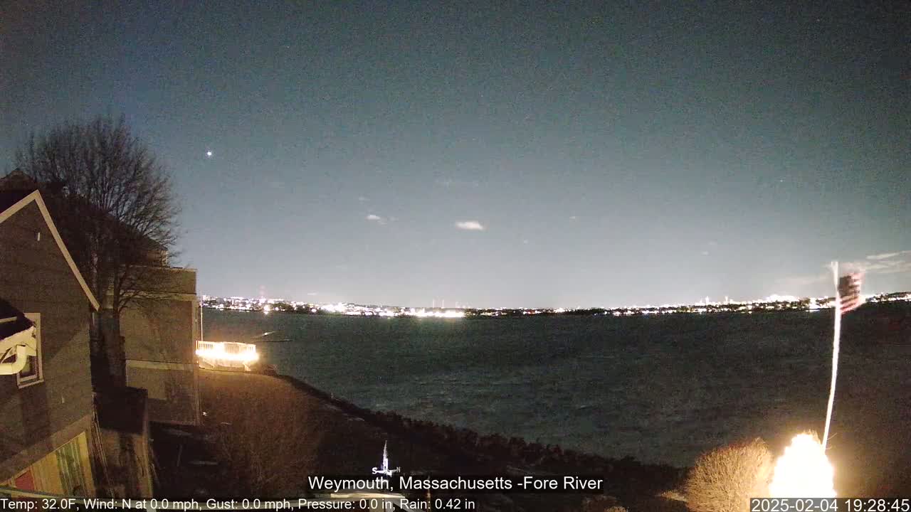 A nighttime view of a dark body of water with city lights on the horizon, under a mostly clear sky, with a bonfire burning near a flagpole in the foreground.