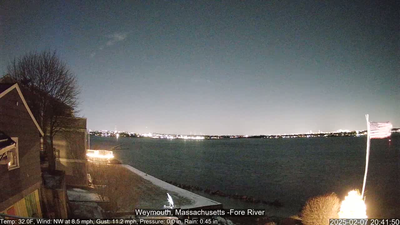 A nighttime view of a dark body of water with city lights on the opposite shore, under a mostly clear sky, with a house and bare trees in the foreground.