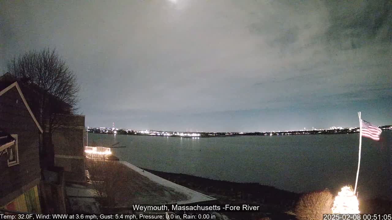 A nighttime view of a calm river with a city skyline faintly visible in the distance, under a mostly cloudy sky, with snow on the ground near a house and lit Christmas tree.