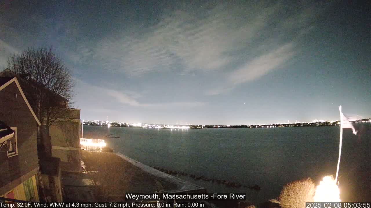 A nighttime view of a calm river with city lights in the distance under a mostly cloudy sky, seen from a waterfront property with a partially lit deck.