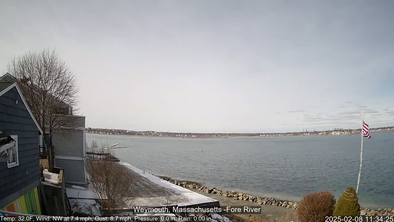 A partly cloudy, cold day shows a view of a calm body of water from a snow-dusted shoreline with houses and a flagpole in the foreground.