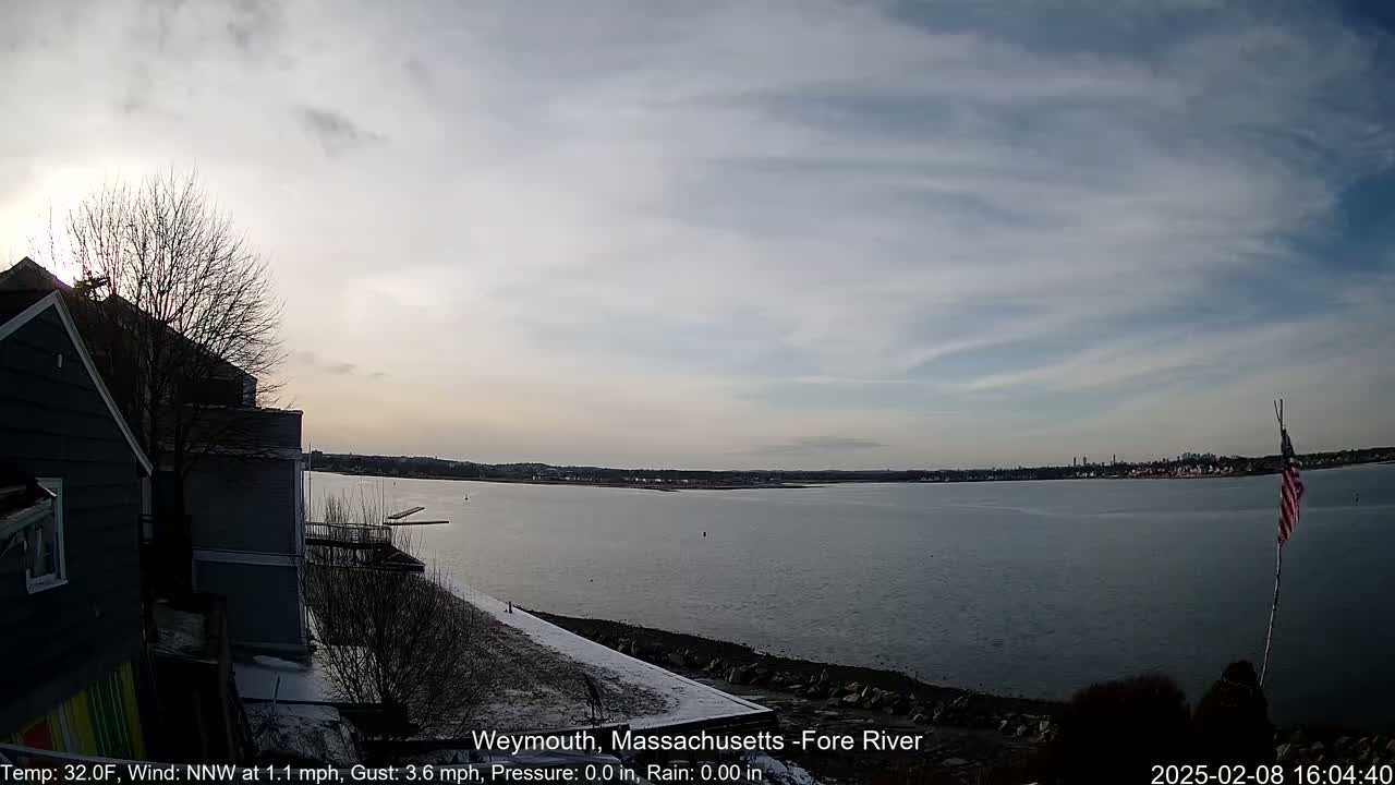 A partly cloudy day shows a view of a calm river from a snow-dusted shoreline, with a house and a small American flag visible in the foreground.