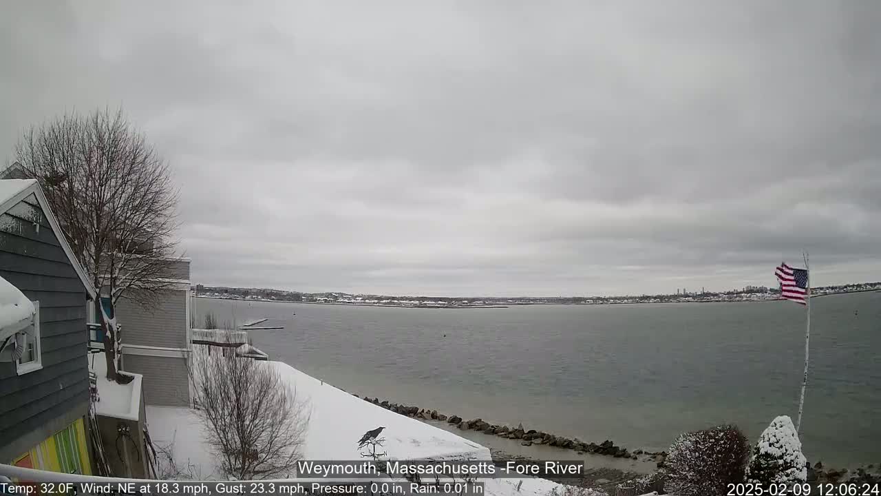 A snow-covered waterfront scene shows a calm, gray river under an overcast sky, with a partially visible house and an American flag in the foreground.