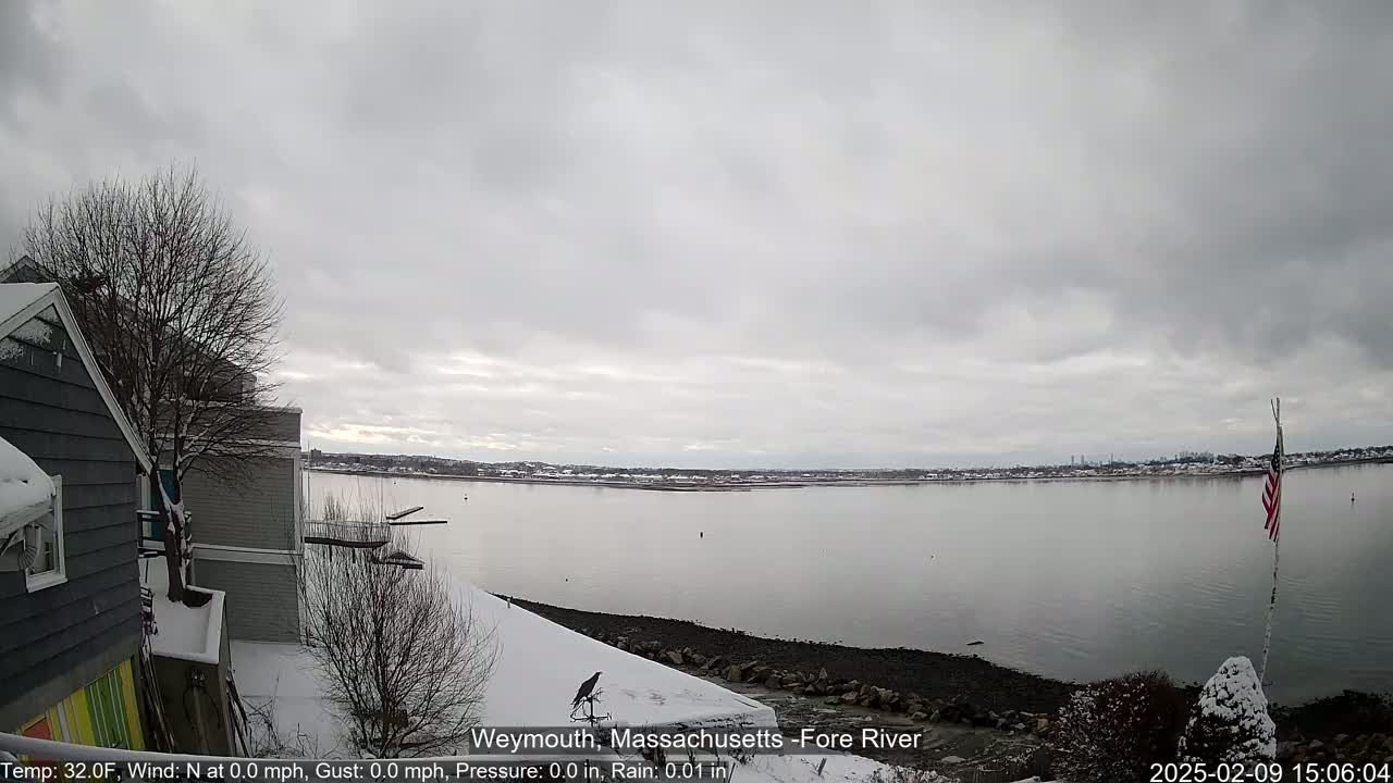 A snow-covered waterfront scene shows a calm river under an overcast sky, with a house and bare trees in the foreground.