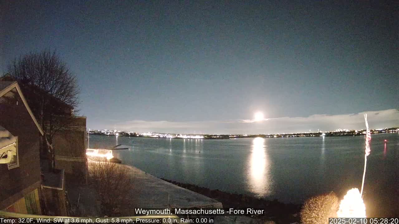 A nighttime view of a calm river reflecting city lights under a mostly clear sky with a bright moon, a partly snow-covered shoreline, and a building with a bare tree in the foreground.