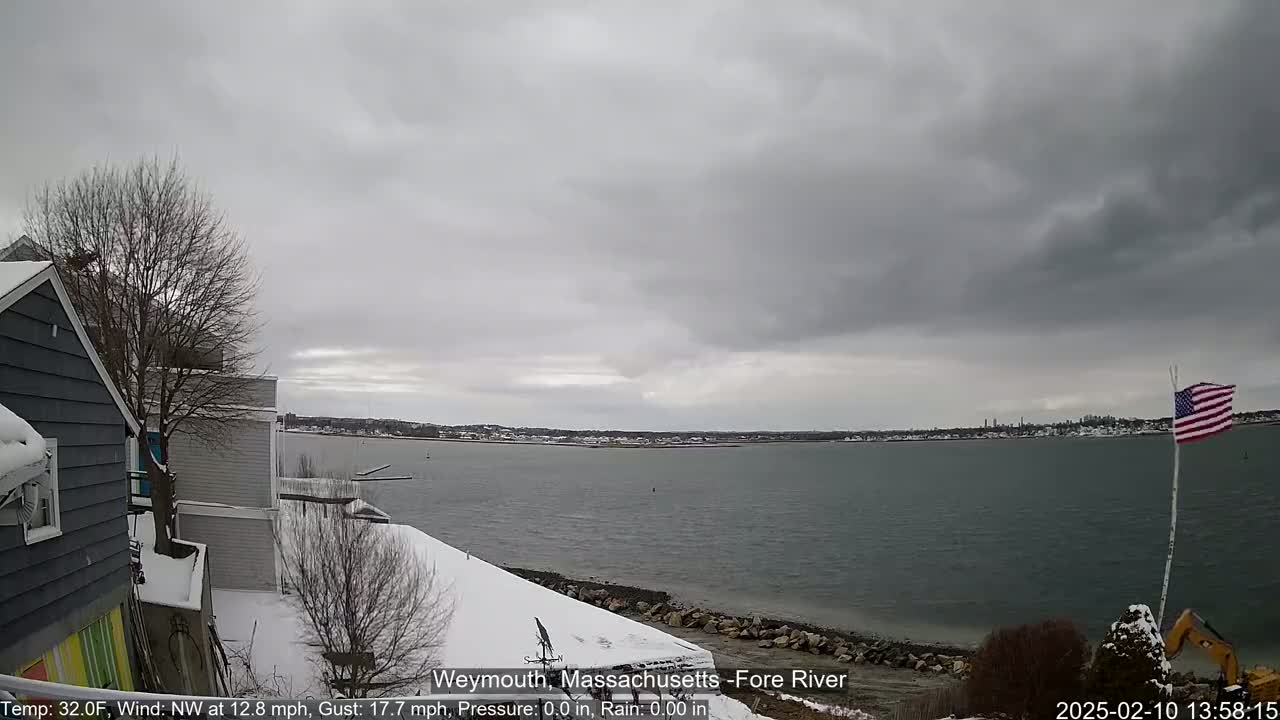A snow-covered waterfront scene shows a calm body of water under an overcast sky, with a partially visible house and American flag in the foreground.