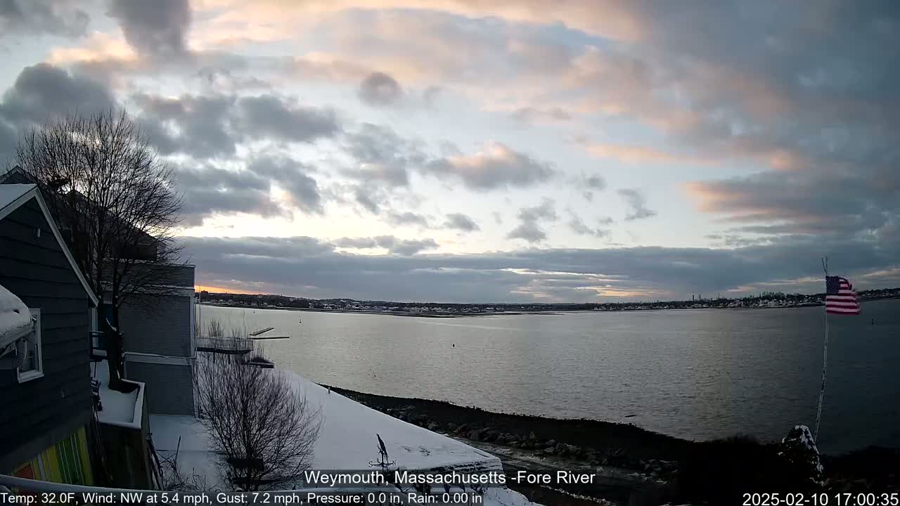 A partly cloudy sunset over a calm river, with snow on the ground and a partially visible American flag.