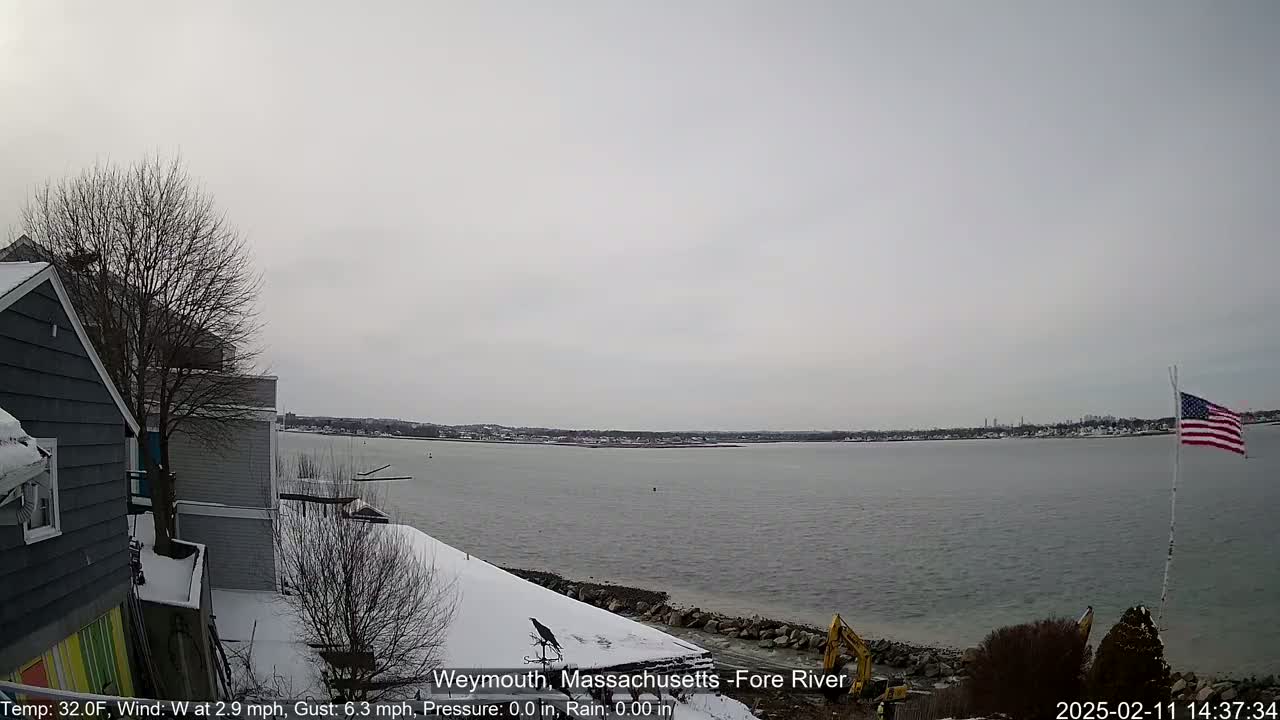 A snow-covered waterfront scene shows a calm body of water under an overcast sky, with houses and a small American flag visible in the foreground.